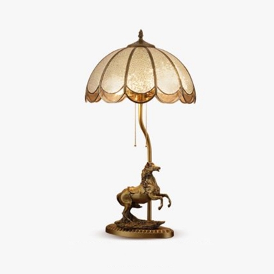 Brass Steed Table Lamp Traditional Metal 2-Bulb Bedside Night Light with Dome Glass Shade and Pull Chain