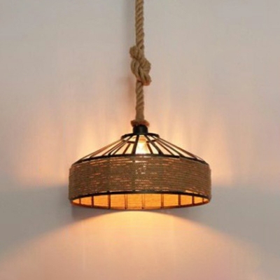 Brown Barn Shaped Pendulum Light Industrial Hemp Rope Single Bistro Hanging Pendant Lamp