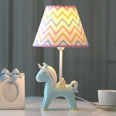 Cartoon Empire Shade Table Light Fabric Single Kids Bedroom Nightstand Lamp with Unicorn Base