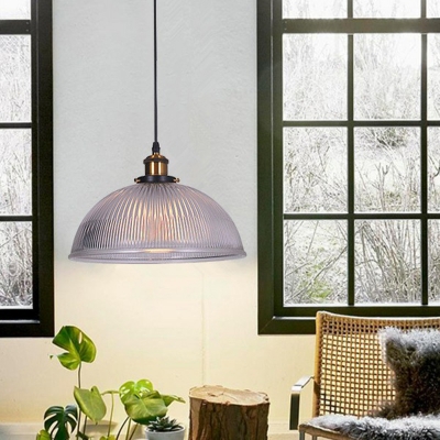 Clear Ribbed Glass Half-Sphere Suspension Lighting Retro Style 1 Head Dining Room Pendant Ceiling Light