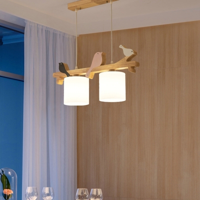 Cream Glass Cylindrical Island Lamp Nordic Wood Pendant Lighting with Bird Decoration