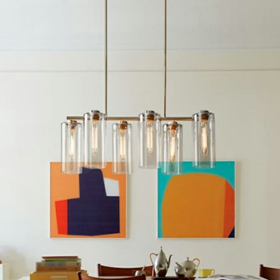 Cylinder Living Room Island Light Fixture Glass 6 Bulbs Nordic Style Ceiling Pendant Light