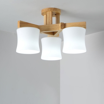 Cylinder Semi Flush Mount Ceiling Fixture Modern White Glass Wood Flush Light for Living Room