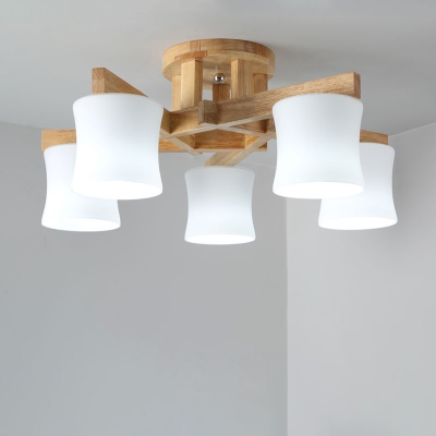 Cylinder Semi Flush Mount Ceiling Fixture Modern White Glass Wood Flush Light for Living Room
