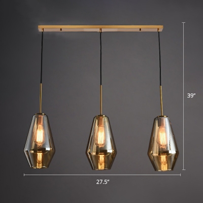 Diamond Multiple Lamp Pendant Postmodern Glass 3-Light Brass Finish Ceiling Lighting for Dining Room