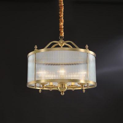 Gold Drum Shade Suspension Light Simplicity Ribbed Glass Dining Room Chandelier Light