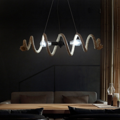Hemp Rope Spiral Chandelier Light Rustic 2-Light Restaurant Pendant Light Fixture in Black