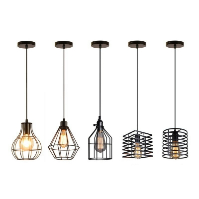 Industrial Geometrical Cage Pendant Lighting 1-Light Metal Hanging Lamp in Black for Restaurant