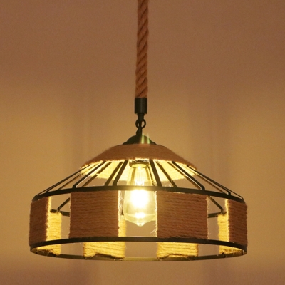 Industrial Style Geometric Pendant Light Single-Bulb Hemp Hanging Light Fixture in Flaxen