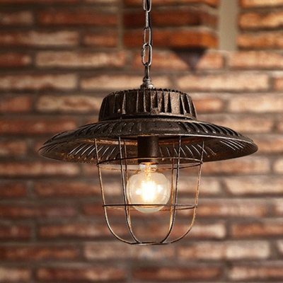 Iron Cap Shaped Hanging Lamp Steampunk 1 Bulb Bistro Pendant with Cage in Distressed Black