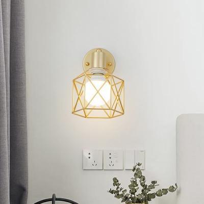 Iron Gold Finish Wall Sconce Hexagon Cage 1-Light Nordic Reading Wall Light with Adjustable Joint
