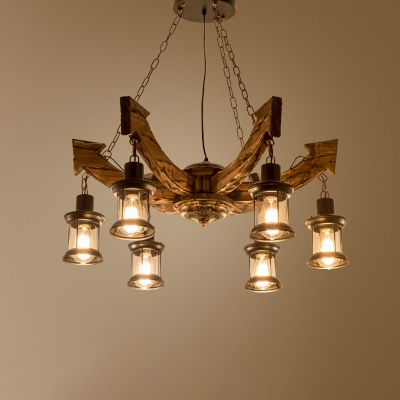 Kerosene Lantern Iron Chandelier Pendant Light Antique Restaurant Hanging Light in Distressed Wood