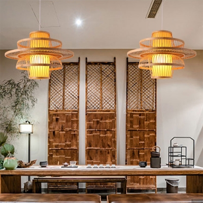 Lotus-Like Restaurant Ceiling Lighting Bamboo Single Chinese Style Hanging Lamp in Wood
