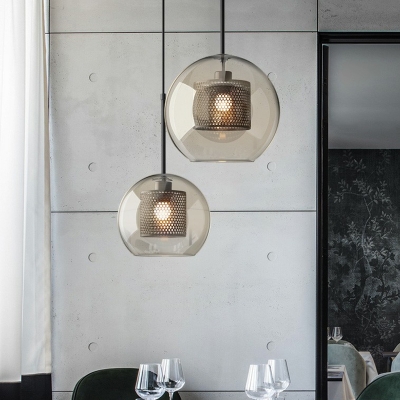 Mesh Screen Restaurant Suspension Lamp Metal 1 Head Postmodern Pendant Light with Cognac Glass Shade