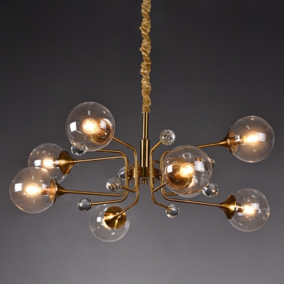 ost-Modern Chandelier Lamp Brass Finish Radial Hanging Light with Ball Glass Shade
