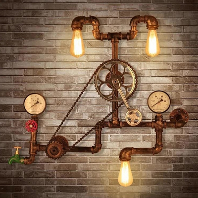 Pipe System Restaurant Wall Lighting Steampunk Wrought Iron 3-Light Bronze Wall Mounted Lamp