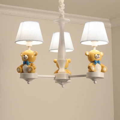 Pleated Fabric Conic Hanging Lamp Cartoon Yellow Chandelier with Resin Bear Deco for Nursery