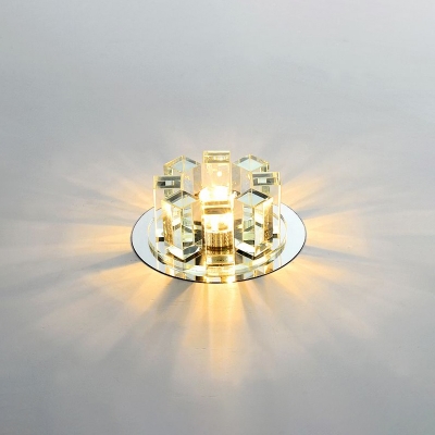 Round Entryway LED Ceiling Lamp K9 Rectangular-Cut Crystal Modern Flush Mount Light in Clear