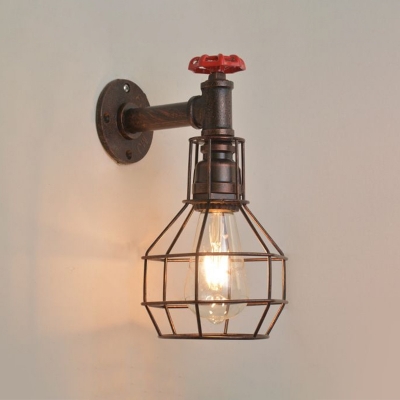 Rust 1-Light Wall Sconce Industrial Wrought Iron Cage Wall Lighting Fixture with Decorative Valve