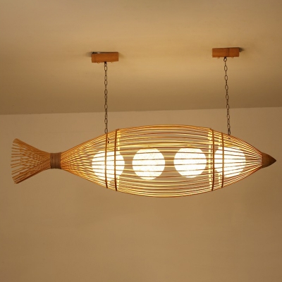 Rustic 3-Light Island Lighting Fish Shaped Pendant Light Fixture with Bamboo Shade
