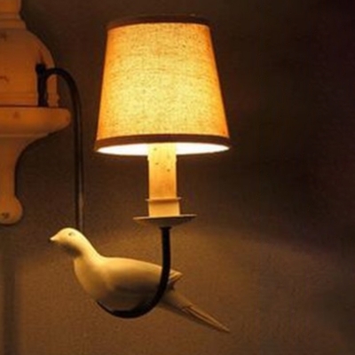 Rustic Tapered Pendant Light Kit Single-Bulb Fabric Hanging Lamp with Decorative Bird and Ring