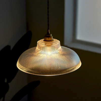 Simplicity Pot Lid Hanging Light 1 Bulb Clear Ribbed Glass Pendant Lighting in Gold