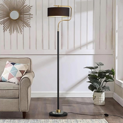 Single-Bulb Round Standing Light Minimalist Black Fabric Floor Light with Brass C Arm