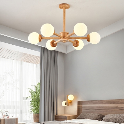 Sputnik Wooden Hanging Lamp Modern Beige Chandelier with Ball Opaline Glass Shade