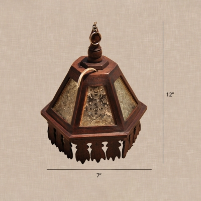 Tapered Carved Glass Pane Pendant Light Traditional 1 Head Restaurant Pendulum Light in Brown
