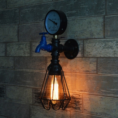 Wire Cage Iron Sconce Light Industrial 1-Bulb Corridor Wall Mounted Lamp with Decorative Faucet and Gauge in Black