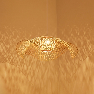 Wood Lotus Leaf Suspension Lighting Minimalist Single Bamboo Pendant Ceiling Light