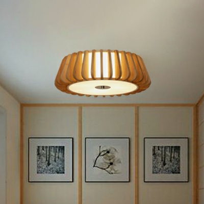 Wooden Drum Shaped Chandelier Lamp Asian 3 Lights Hanging Lighting for Dining Room