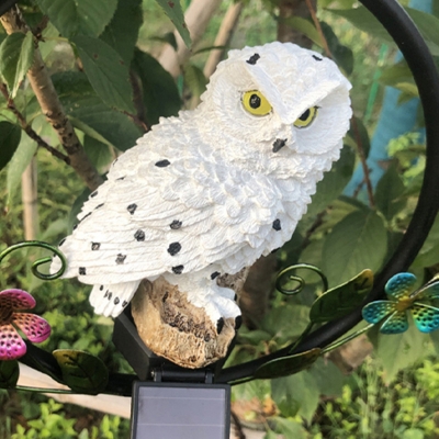 1 Pc Owl Resin LED Suspension Light Artistic White Solar Pendant Light Fixture with Floral Decor