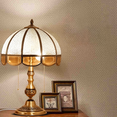 2 Bulbs Table Light Traditional Dome Scalloped Glass Nightstand Lighting with Pull Chain in Brass