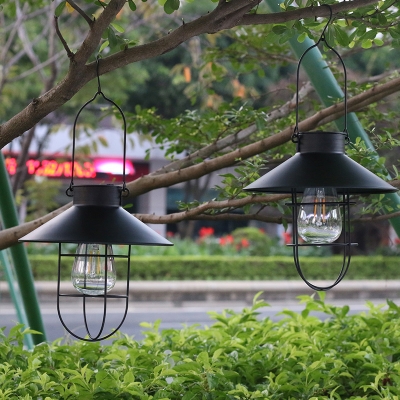 2 Pcs Conical Solar Suspension Lighting Simplicity Iron Garden LED Pendant Light with Cage and Handle in Black