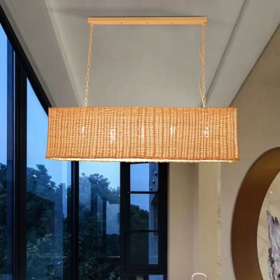 4 Lights Dining Room Island Lighting Ideas Asian Wood Suspension Lamp with Rectangle Bamboo Shade