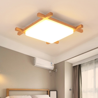 Asian Checkerboard Led Flush Mount Ceiling Light Wooden Bedroom Flushmount with Acrylic Shade