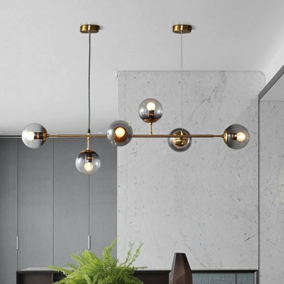Ball Dining Room Island Pendant Light Smoke Grey Glass 6 Bulbs Postmodern Hanging Lamp in Bronze