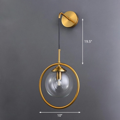 Ball Wall Hanging Lamp Postmodern Glass Single Brass Wall Light Fixture with Metal Ring