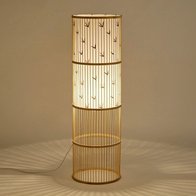 Bamboo Cylindrical Floor Light Asian Style Single Wood Standing Lamp for Sitting Room
