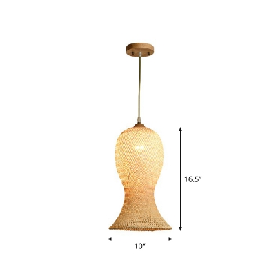 Beige Lantern Suspension Lighting Asian 1 Head Bamboo Hanging Pendant Light for Tearoom