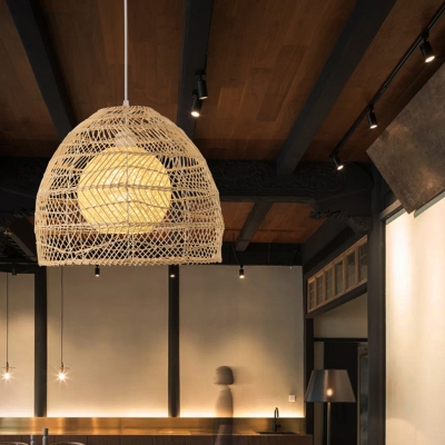 Bell Restaurant Suspension Light Rattan 1-Light Simplicity Pendant Light Fixture in Wood