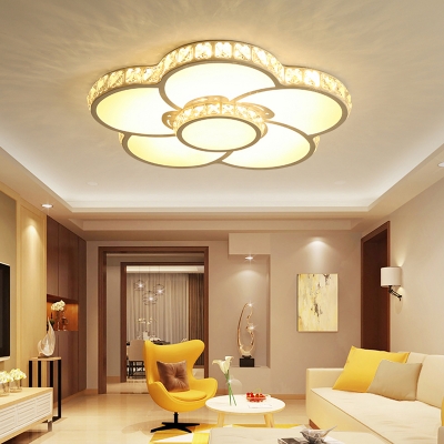 Beveled Crystal Flower Flush Light Contemporary White LED Ceiling Mounted Lamp for Living Room