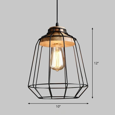Cage Kitchen Ceiling Pendant Light Industrial Iron 1 Bulb Black Hanging Lighting with Wood Socket