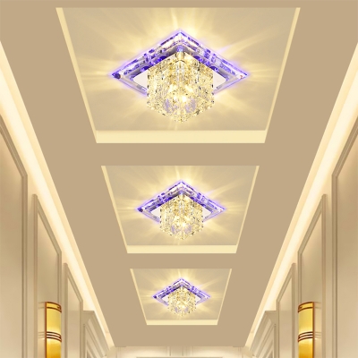 Contemporary Cube Shape Ceiling Flush Light Clear Crystal Corridor LED Flush Mount in Stainless Steel