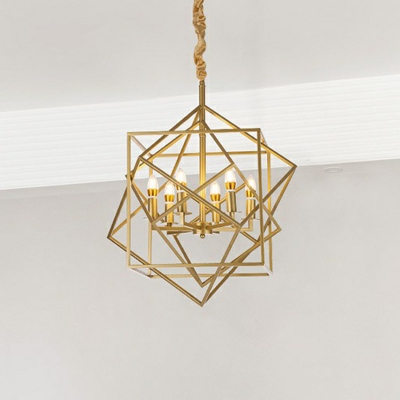 Cube Frame Dining Room LED Chandelier Light Metallic 6 Heads Post-Modern Pendant Light in Gold