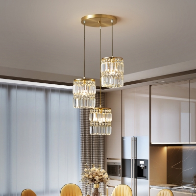 Cylindrical Restaurant Hanging Lamp Tri-Sided Crystal Prism Modern Ceiling Light in Gold