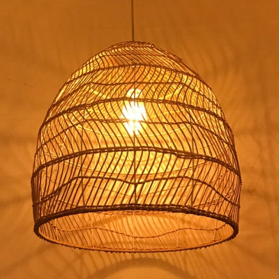 Dome Shape Commercial Pendant Lighting Asian Bamboo 1-Light Restaurant Hanging Lamp in Wood