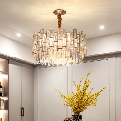 Drum Dining Room Pendant Lighting Clear Crystal Modernist Chandelier Light in Gold
