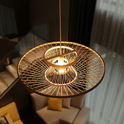 Flying Saucer Hanging Light Fixture Contemporary Bamboo Single Beige Pendulum Light over Table